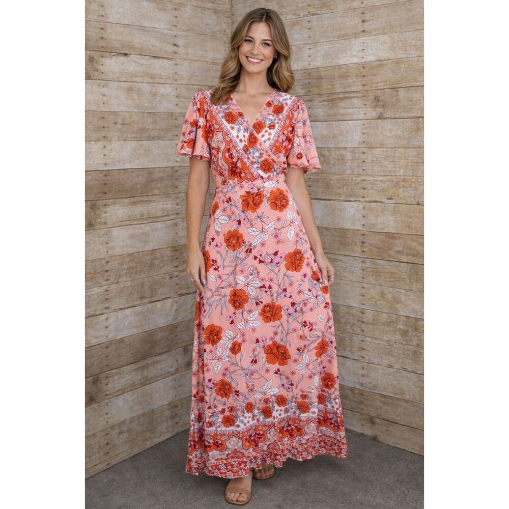 ZESICA BOUTIQUE BOHO FOLK FLORAL TRUE WRAP DRESS MAXI LENGTH SIZE LARGE